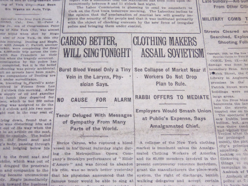 1920 DECEMBER 13 NEW YORK TIMES - CARUSO BETTER, WILL SING TONIGHT - NT 5888