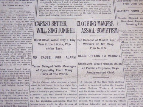1920 DECEMBER 13 NEW YORK TIMES - CARUSO BETTER, WILL SING TONIGHT - NT 5888