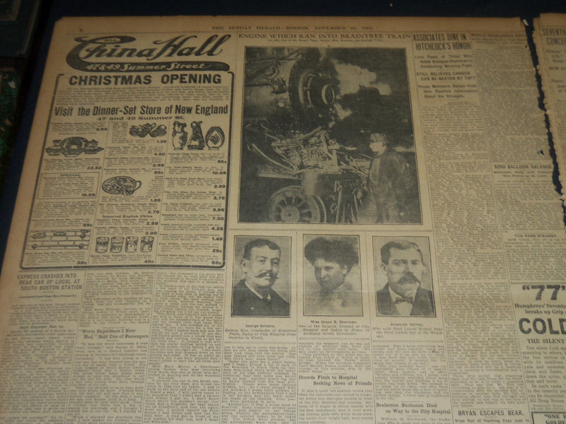 1908 NOVEMBER 29 THE BOSTON HERALD -TRAIN WRECK AT SOUTH BOSTON STATION - BH 216