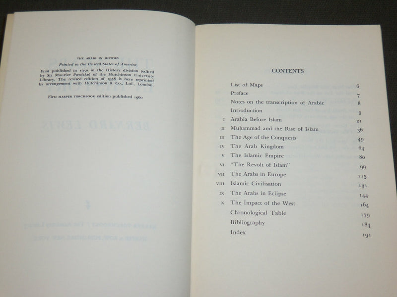 1960 THE ARABS IN HISTORY SOFTCOVER BOOK BY BERNARD LEWIS - KD 6282