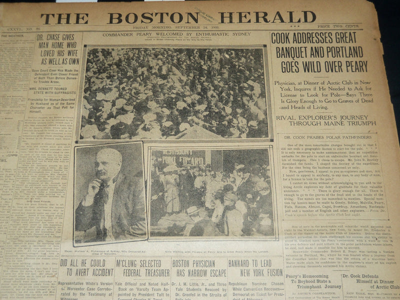 1909 SEPTEMBER 24 THE BOSTON HERALD - PEARY WELCOMED BY SYDNEY - BH 175