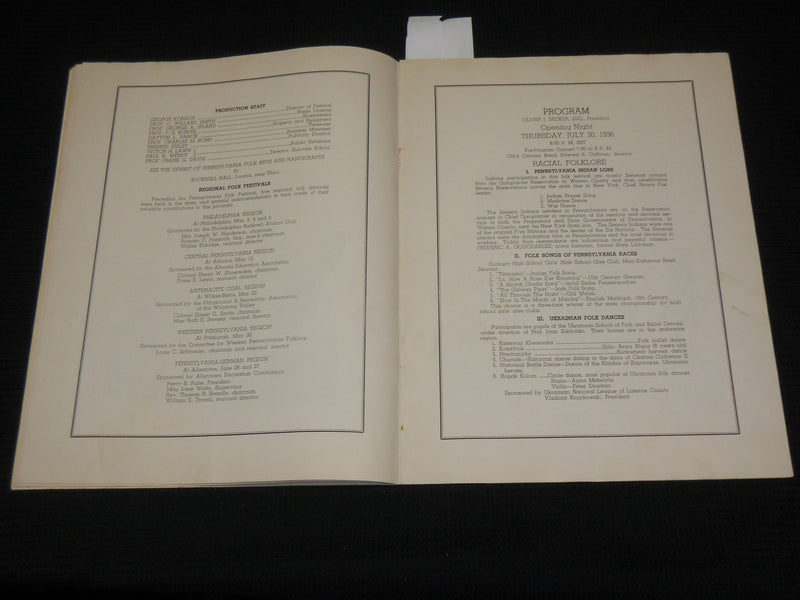 1936 PENNSYLVANIA FOLK FESTIVAL PROGRAM - BUCKNELL UNIVERSITY- J 7014
