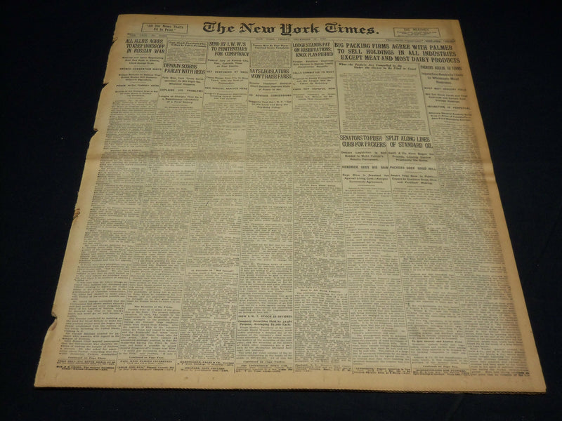1919 DEC 19 NEW YORK TIMES - BIG PACKING FIRMS AGREE TO SELL HOLDINGS - NT 8538