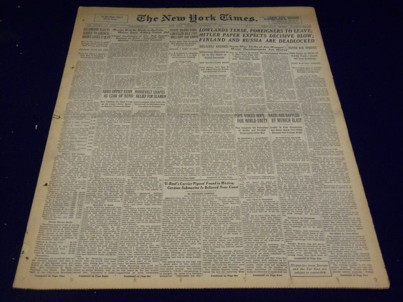 1939 NOVEMBER 11 NEW YORK TIMES - HITLER, ESCAPES MUNICH BLAST - NT 3041