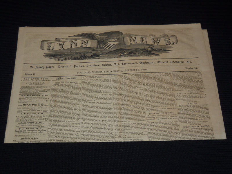 1849 NOVEMBER 9 LYNN NEWS NEWSPAPER - WIG NOMINATIONS - MASSACHUSETTS - NP 4252P