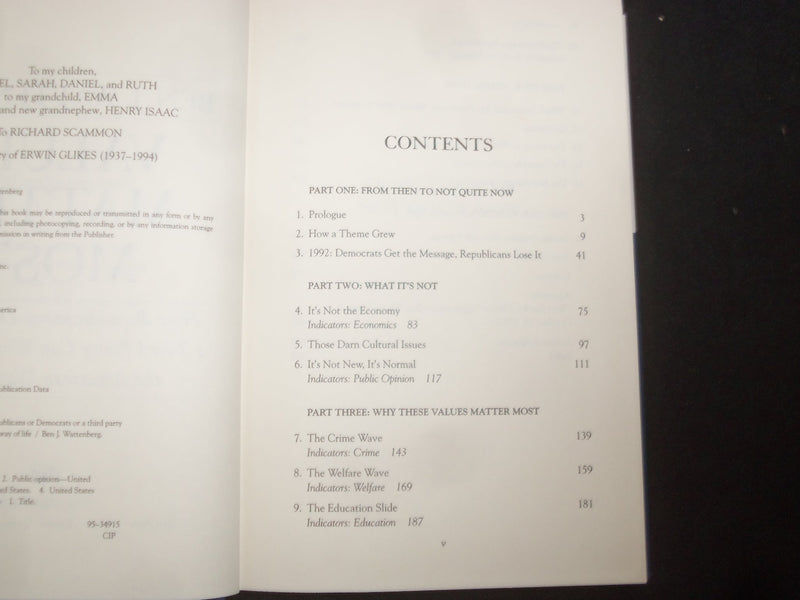 1995 VALUES MATTER MOST HARDCOVER BOOK BY BEN J. WATTENBERG - KD 9295