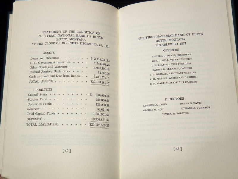 1952 THE FIRST NATIONAL BANK OF BUTTE BOOK - 75 YEARS OF SERVICE - K 2110