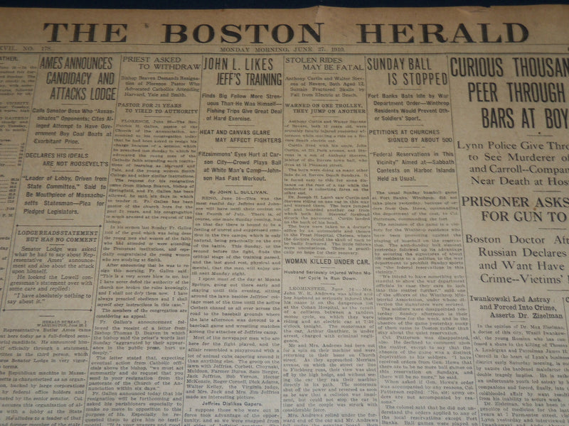 1910 JUNE 27 THE BOSTON HERALD NEWSPAPER- JOHN L. LIKES JEFF'S TRAINING - BH 342