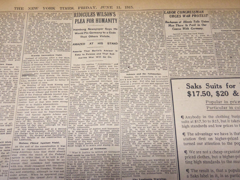 1915 JUNE 11 NEW YORK TIMES - WILSON TELLS GERMANY NO RIGHT TO ENDANGER- NT 7699