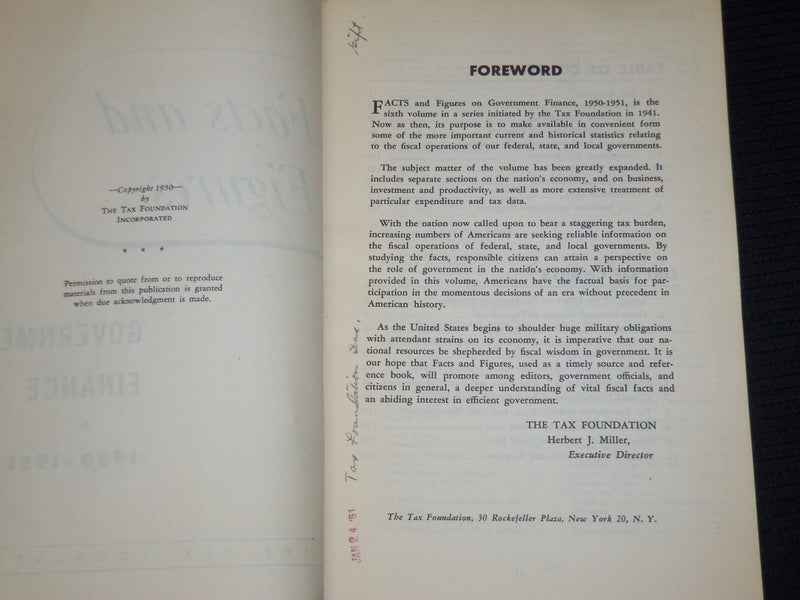 1950 FACTS AND FIGURES ON GOVERNMENT FINANCE BOOK - TAX FOUNDATION - J 9878