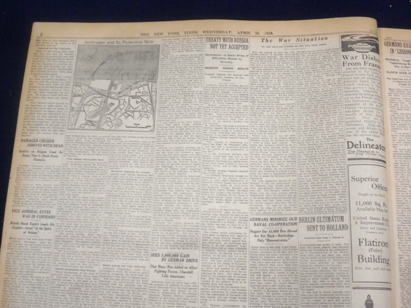 1918 APRIL 24 NEW YORK TIMES -BRITISH NAVAL RAID BOTTLES UP U-BOAT BASE- NT 8218