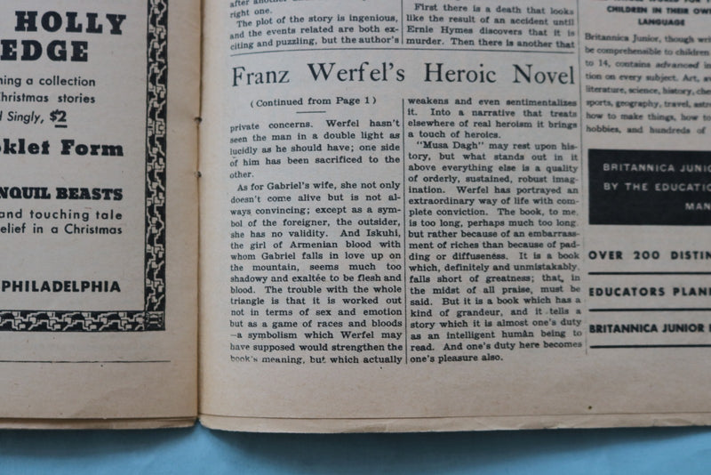 1934 DEC 2 NEW YORK TIMES BOOK REVIEW SECTION - FRANZ WERFEL'S NOVEL - NP 9165