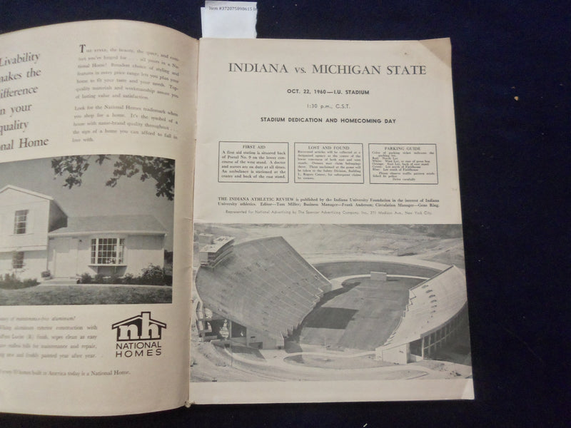 1960 OCT 22 FOOTBALL PROGRAM - INDIANA VS. MICHIGAN STATE-HERB ADDERLEY-SP 5454W