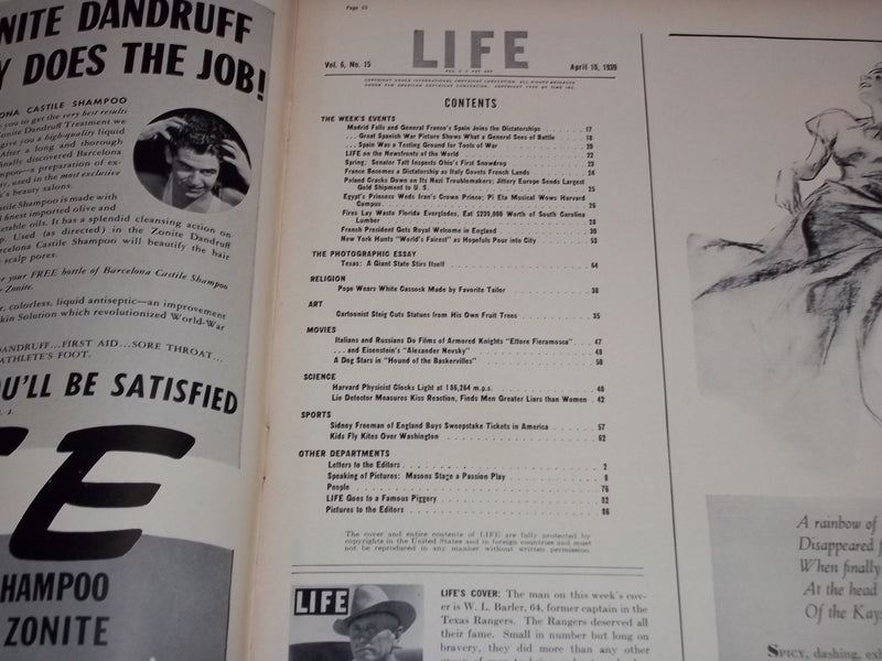 1939 APRIL 10 LIFE MAGAZINE - TEXAS RANGER COVER - L 125