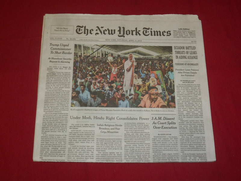 2019 APRIL 13 NEW YORK TIMES - TRUMP URGED COMMISSIONER TO SHUT BORDER