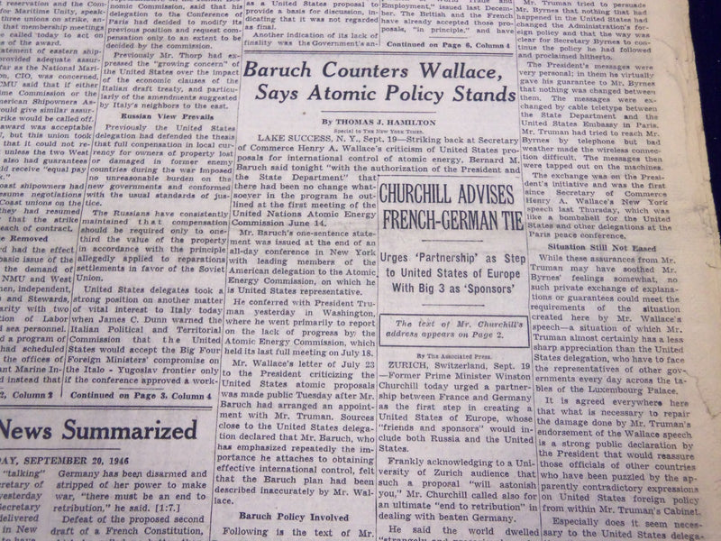 1946 SEPTEMBER 20 NEW YORK TIMES - BARUCH COUNTERS WALLACE ON ATOMIC - NT 3186