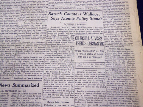 1946 SEPTEMBER 20 NEW YORK TIMES - BARUCH COUNTERS WALLACE ON ATOMIC - NT 3186