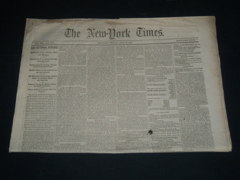1865 JUNE 26 NEW YORK TIMES NEWSPAPER - OUR INTERNAL REVENUE - NP 3995