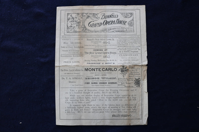 1894 JANUARY 24 BUNNELL'S GRAND OPERA HOUSE PROGRAM - NEW HAVEN, CT - K 1688