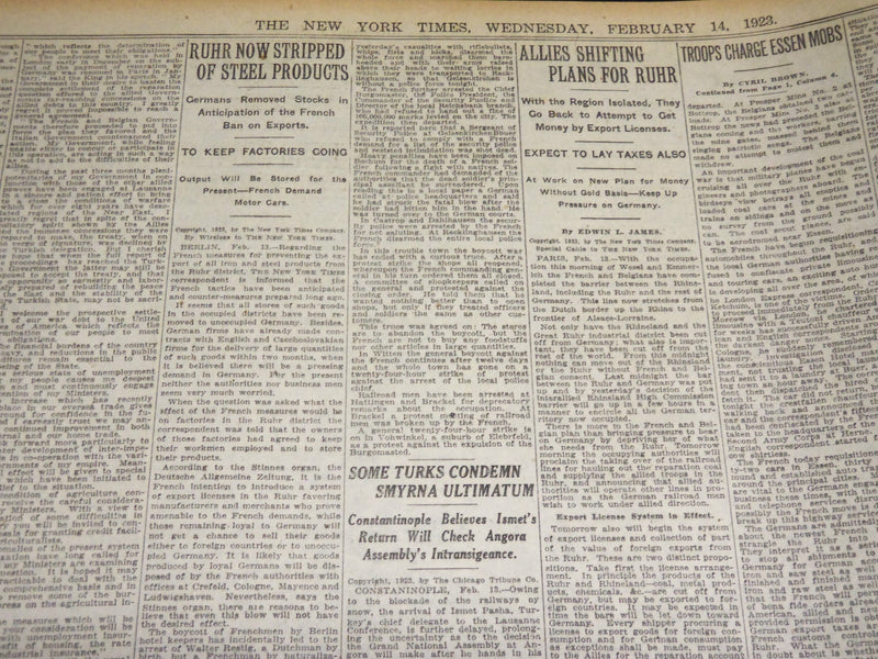 1923 FEBRUARY 14 NEW YORK TIMES - RUHR MOVE DISASTROUS SAYS BONAR LAW - NT 8502