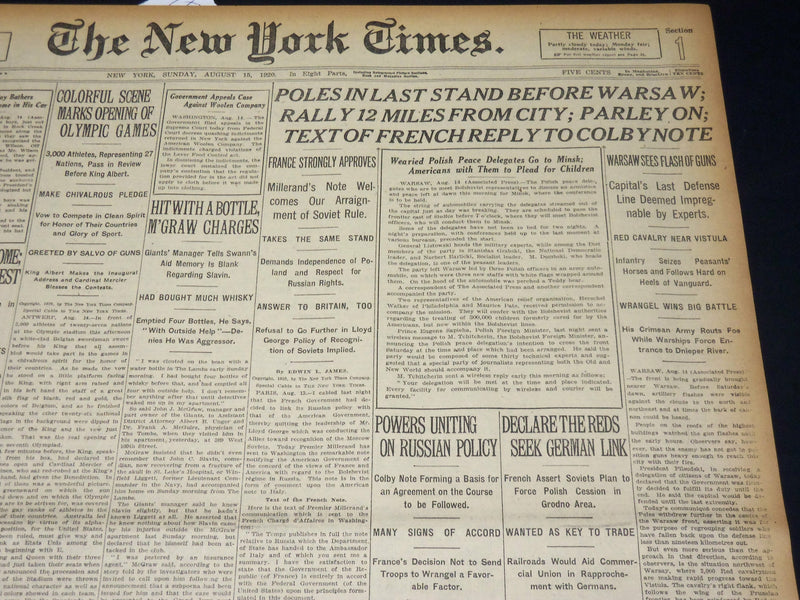 1920 AUGUST 15 NEW YORK TIMES - COLORFUL SCENE OPENING OF OLYMPIC GAMES- NT 8556