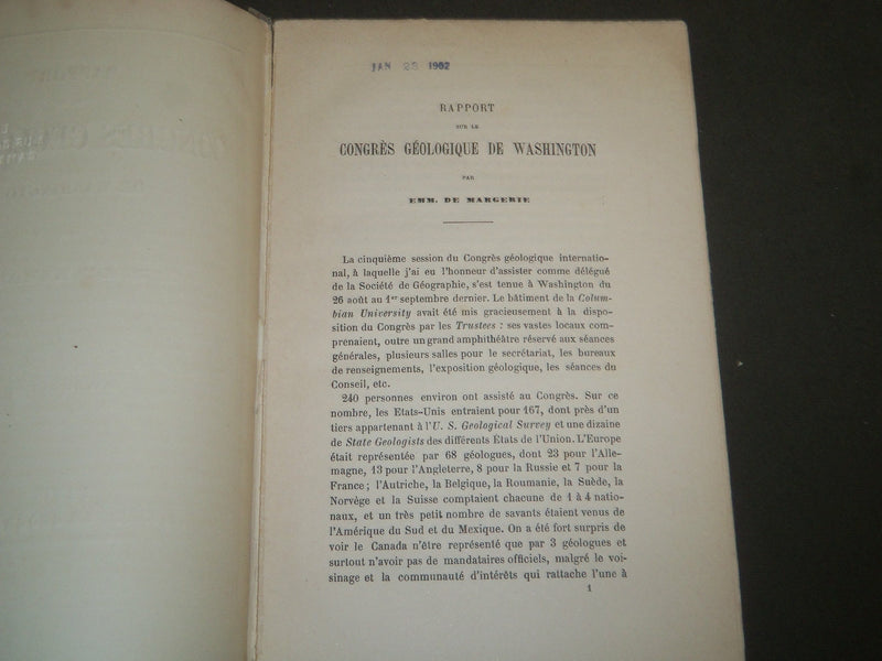 1892 RAPPORT SUR LE CONGRES GEOLOGIQUE DE WASHINGTON BY EMM. DE MARGERIE- J 4968