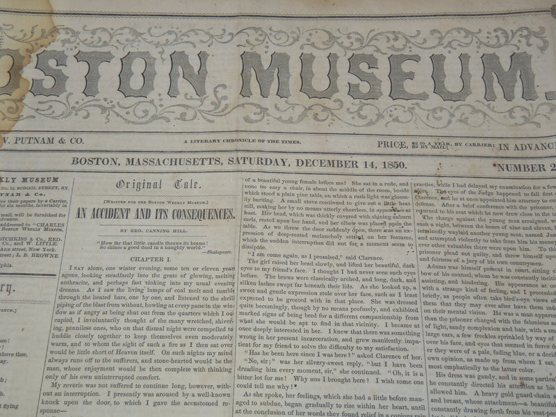 1850 DECEMBER 14 THE BOSTON MUSEUM NEWSPAPER - SNOW IMAGE - HAWTHORNE - NP 9039