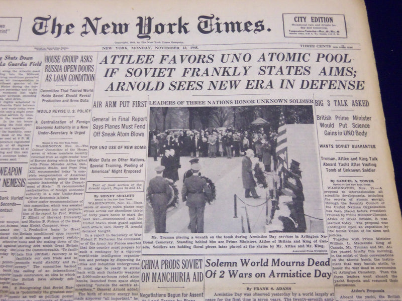 1945 NOVEMBER 12 NEW YORK TIMES - ATTLEE FAVORS UNO ATOMIC POOL - NT 282
