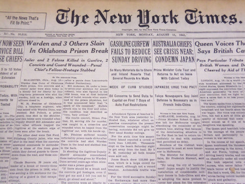1941 AUG 11 NEW YORK TIMES - WARDEN & 3 OTHERS SLAIN IN OKLAHOMA PRISON- NT 1160