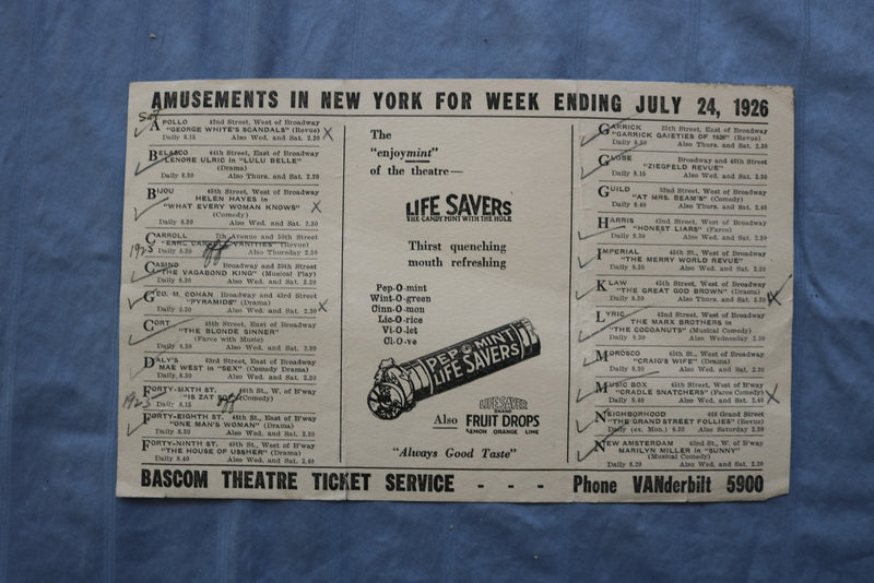 1926 BASCOM THEATRE TICKET SERVICE - AMUSEMENTS - MARX BROTHERS - K 3142