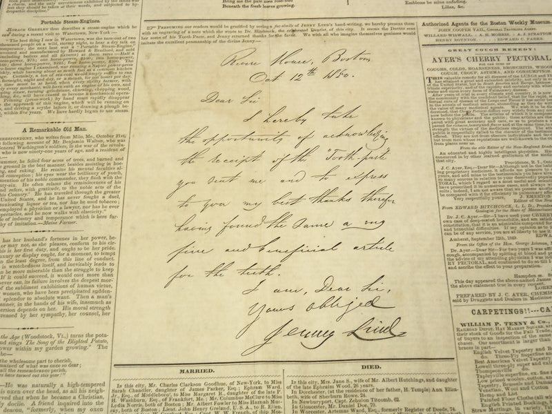 1850 NOVEMBER 23 BOSTON MUSEUM NEWSPAPER - DODGE PRIZE TICKET - LIND - NP 9045