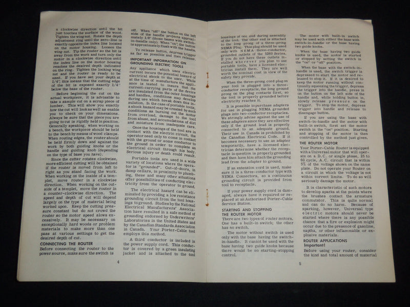 1970'S PORTER CABLE ROUTERS OPERATING INSTRUCTIONS - ROCKWELL MFG. CO. - J 9146