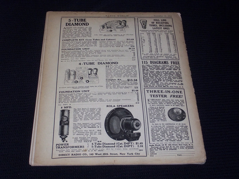 1932 NOVEMBER 12 RADIO WORLD MAGAZINE NICE ELECTRONICS COVERS & ADS - E 2820