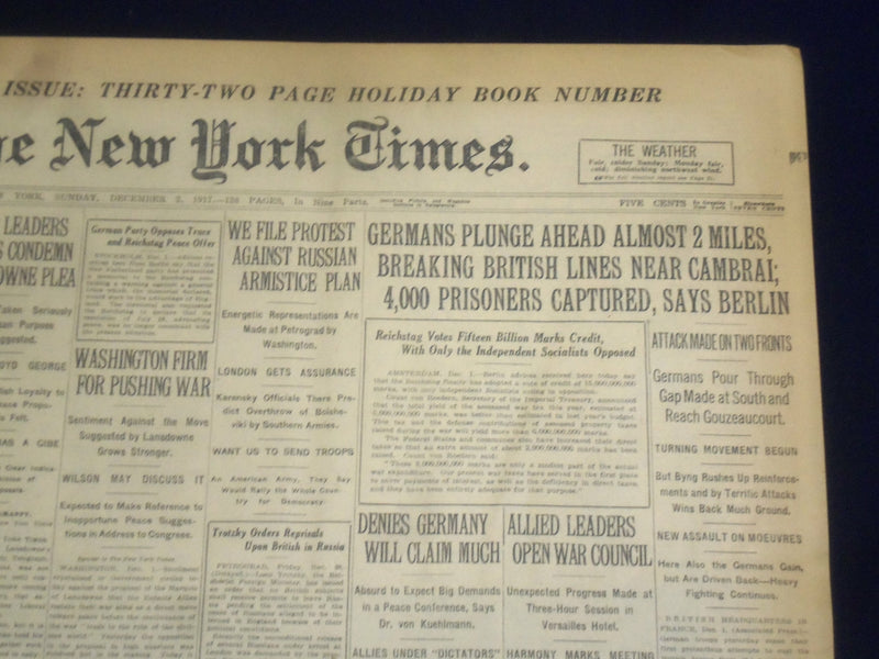 1917 DECEMBER 2 NEW YORK TIMES- GERMANS BREAK BRITISH LINES NEAR CAMBRAI-NT 8249