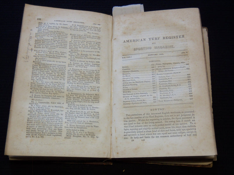 1836-1837 AMERICAN TURF REGISTER AND SPORTING MAGAZINE BOUND VOLUME - KD 7817