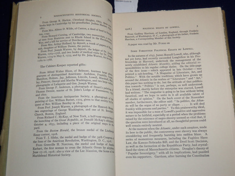 1928-1929 MASSACHUSETTS HISTORICAL SOCIETY PROCEEDINGS BOOK - K 503