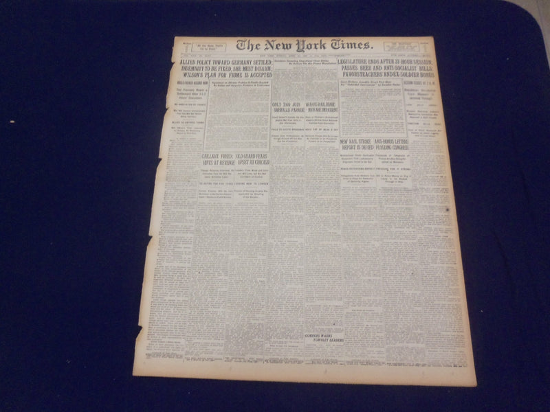 1920 APRIL 25 NEW YORK TIMES - WILSON PLAN FOR FIUME IS ACCEPTED - NT 8294