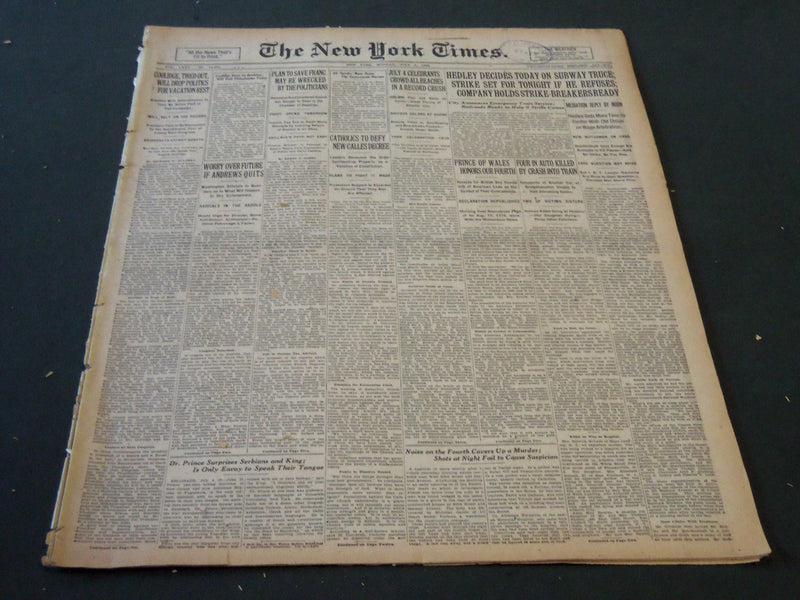 1926 JULY 5 NEW YORK TIMES - HEDLEY DECIDES TODAY ON SUBWAY TRUCE - NT 5567