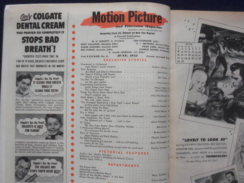1952 JUNE MOTION PICTURE AND TELEVISION MAGAZINE - DORIS DAY COVER - SP 4780T