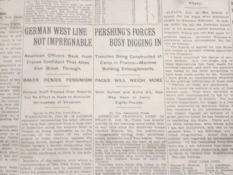 1917 JULY 26 NEW YORK TIMES - PERSHING FORCES BUSY DIGGING IN - NT 9312