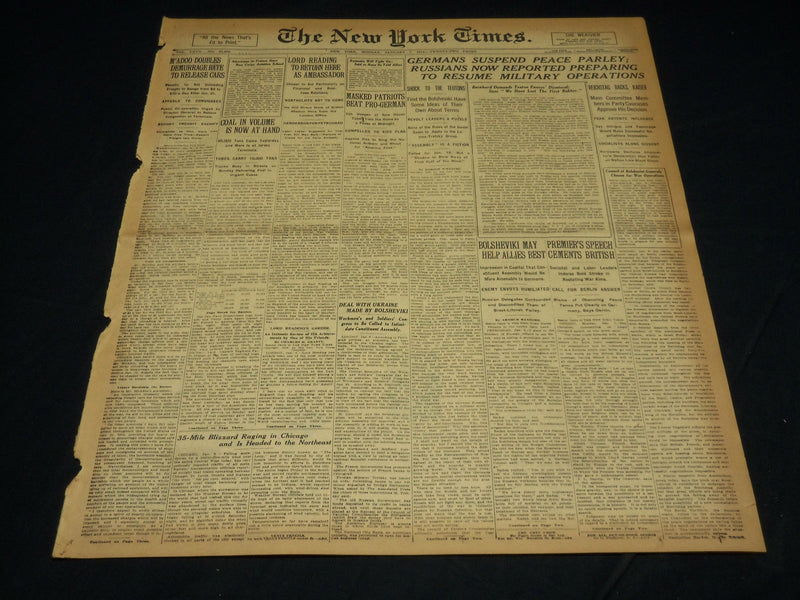 1918 JANUARY 7 NEW YORK TIMES - GERMANS SUSPEND PEACE PARLEY - NT 7916