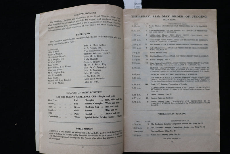 1961 MAY 11 ROYAL WINDSOR HORSE SHOW PROGRAM - HOME PARK WINDSOR CASTLE - K 1850