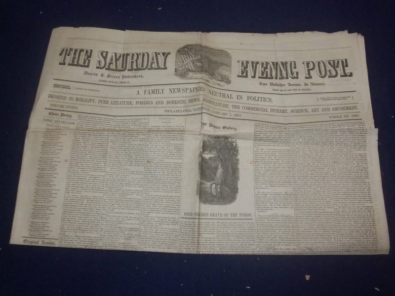 1854 JAN 7 THE SATURDAY EVENING POST NEWSPAPER -CHRISTMAS BY H.B. STOWE- NP 5060
