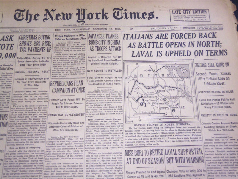 1935 DECEMBER 18 NEW YORK TIMES - ITALIANS FORCED BACK AS BATTLE OPENS - NT 4872