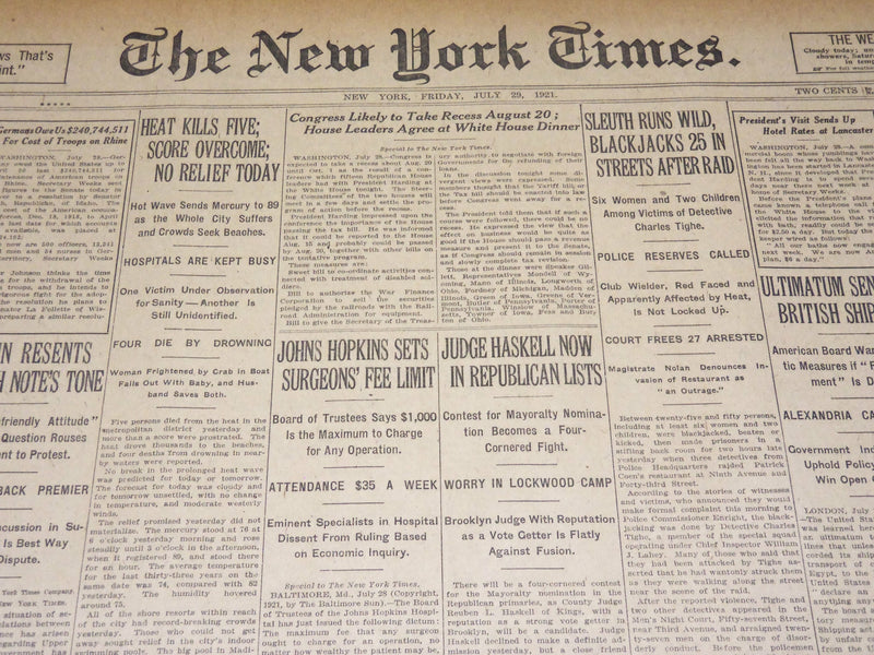 1921 JULY 29 NEW YORK TIMES - JOHNS HOPKINS SETS SURGEONS FEE LIMIT - NT 8707