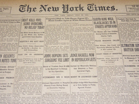 1921 JULY 29 NEW YORK TIMES - JOHNS HOPKINS SETS SURGEONS FEE LIMIT - NT 8707