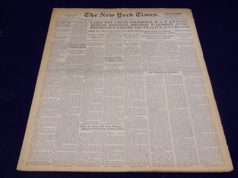 1941 MAY 23 NEW YORK TIMES - NAZIS WIN CRETE FOOTHOLD, R. A. F. LEAVES - NT 1076