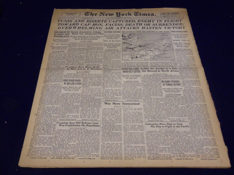 1943 MAY 8 NEW YORK TIMES - TUNIS & BIZERTE CAPTURED, ENEMY IN FLIGHT - NT 1045