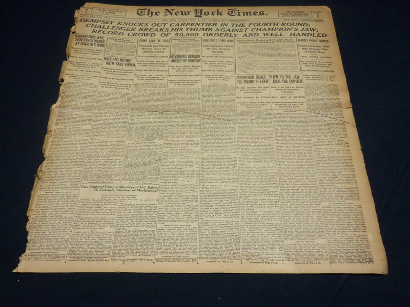 1921 JULY 3 NEW YORK TIMES - DEMPSEY KNOCKS OUT CARPENTIER IN 4TH ROUND- NT 8694
