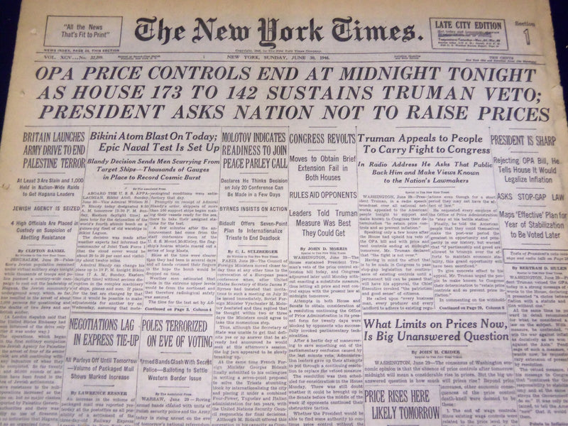 1946 JUNE 30 NEW YORK TIMES - OPA PRICE CONTROLS END AT MIDNIGHT - NT 839